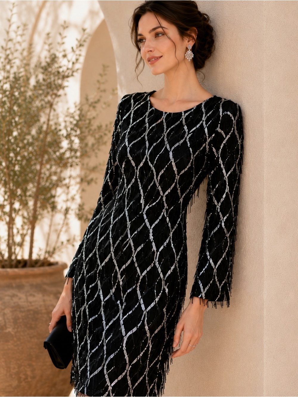 Zara Black Sequin Fringe Long-Sleeve Dress with Silver Lattice